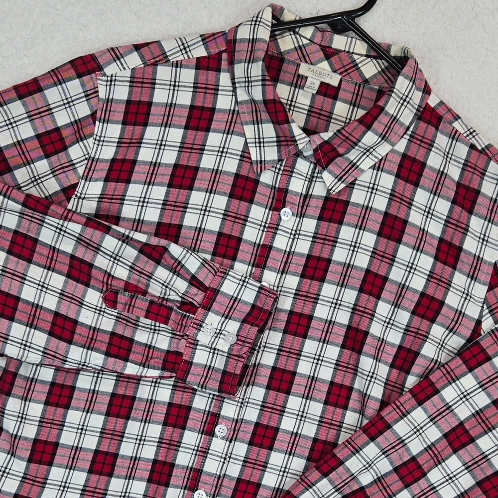 Talbots Plaid Button Down Shirt Women 2X Red Black Tartan Long Sleeve Preppy Top